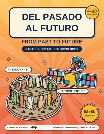 Portada de Del pasado al futuro: Stonehenge y un satélite moderno con un planeta naranja, en un marco circular sobre fondo naranja.
