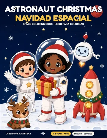 Portada de Navidad Espacial: dos niños con trajes espaciales blancos, un cohete rojo, un robot y un reno con casco espacial.