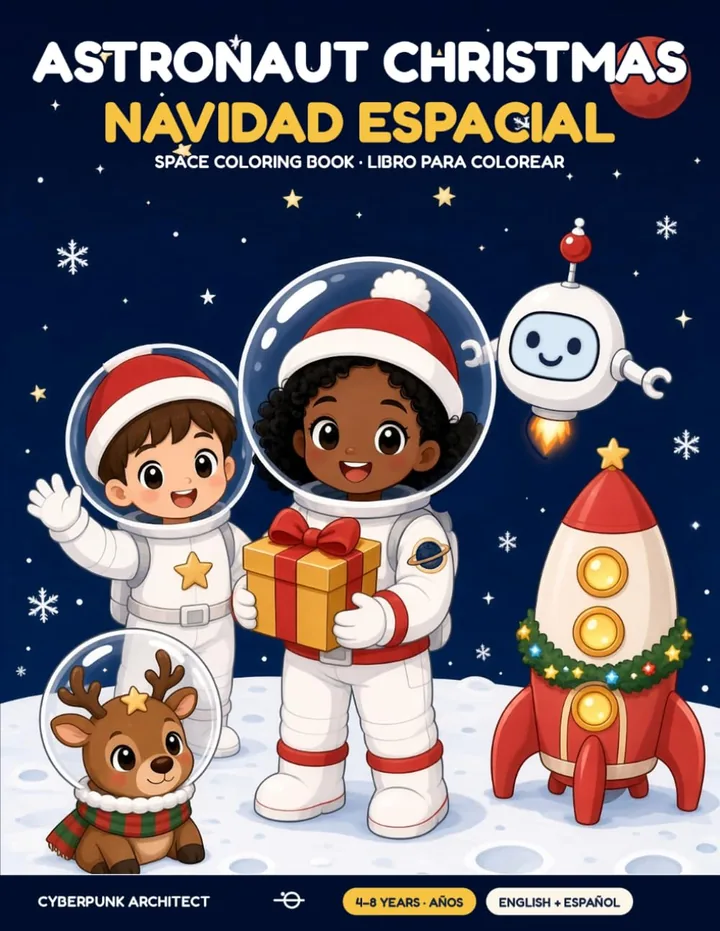 Portada de Navidad Espacial: dos niños con trajes espaciales blancos, un cohete rojo, un robot y un reno con casco espacial.
