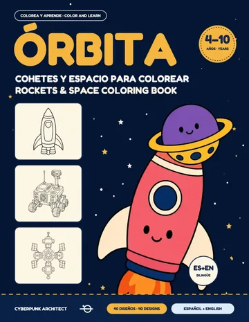 Cover of ÓRBITA: a tall pink and red rocket with a purple creature at its window on a dark blue background.