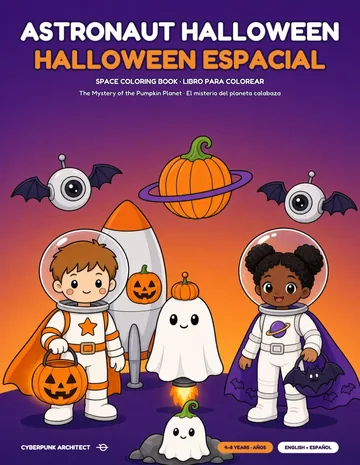 Portada de Halloween Espacial: dos niños con trajes espaciales, un fantasma, un robot y calabazas sobre fondo morado.