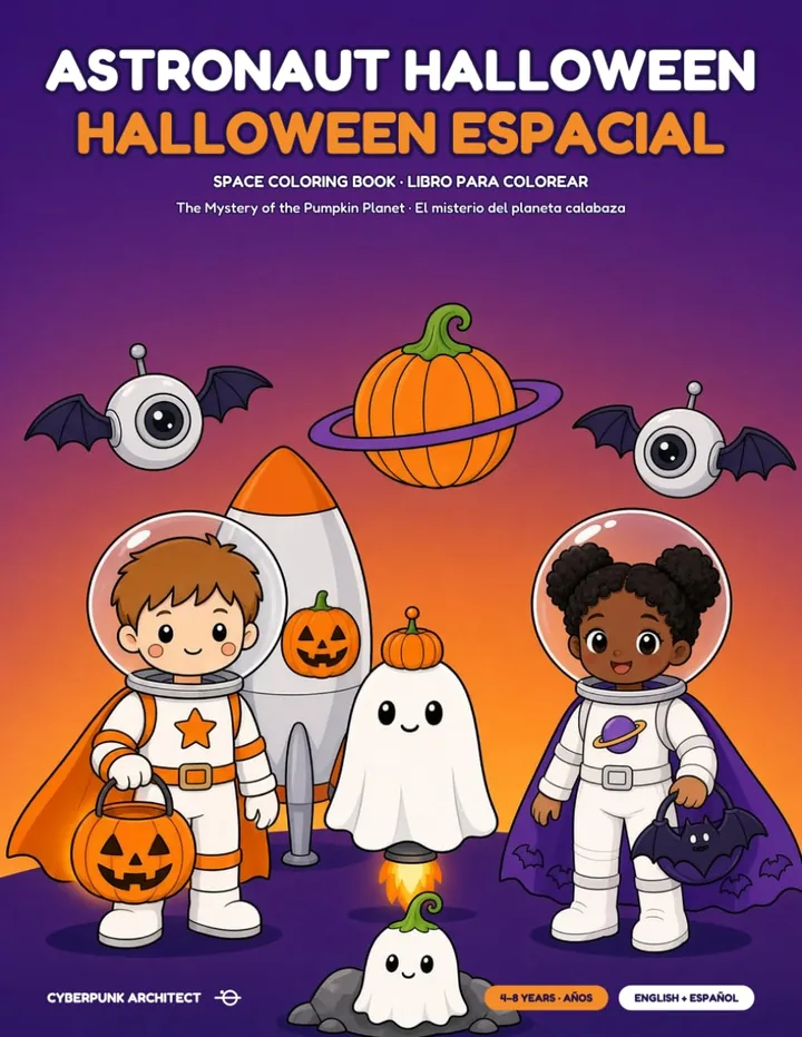 Portada de Halloween Espacial: dos niños con trajes espaciales, un fantasma, un robot y calabazas sobre fondo morado.