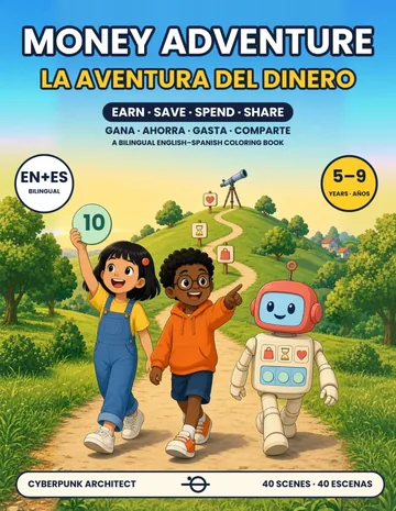 Portada de La aventura del dinero: dos niños y un pequeño robot caminando por colinas verdes bajo un cielo azul.