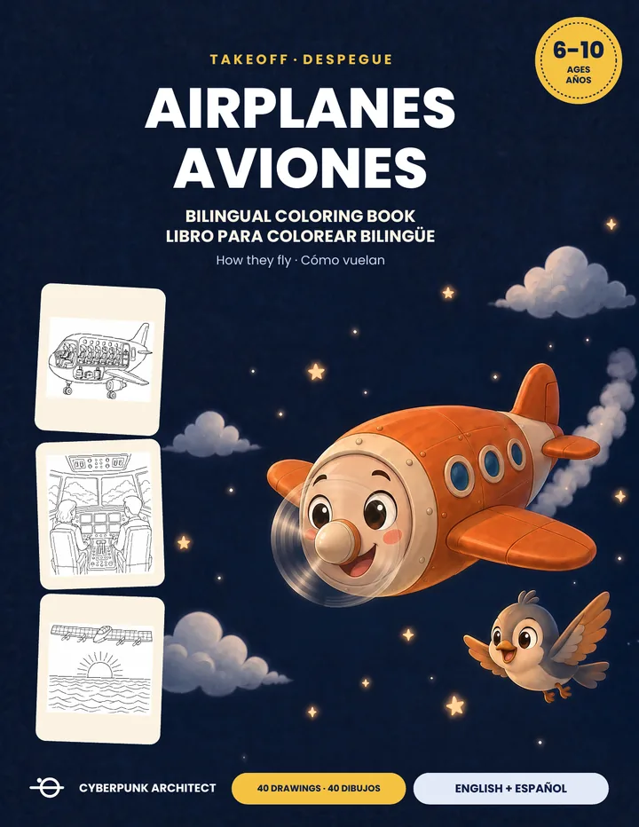 Portada de Aviones: un gran avión naranja sonriente que vuela por un cielo azul oscuro estrellado, seguido de dos aviones pequeños con forma de pájaro.