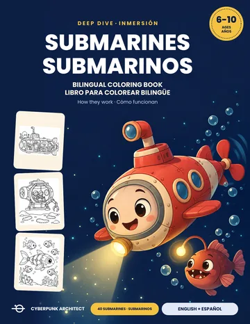Cover of Submarines: a smiling red submarine lighting up two small orange anglerfish in deep blue water.