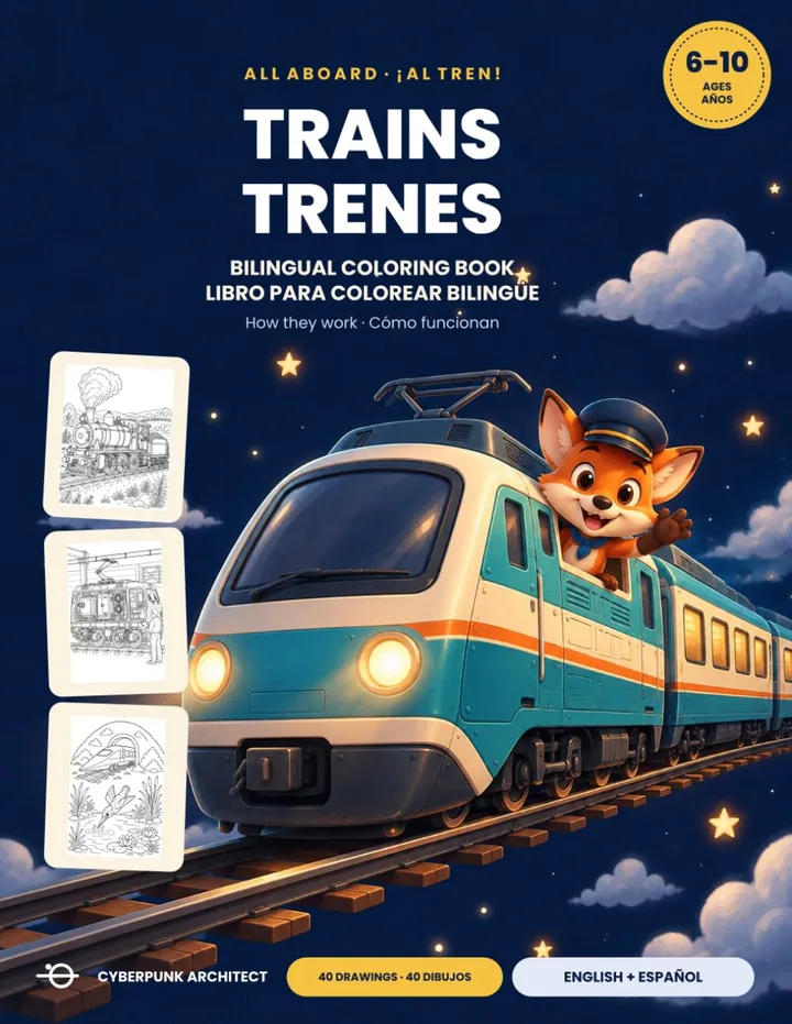 Cover of Trains: a smiling teal and white train with a small orange fox in a conductor’s hat at the window.