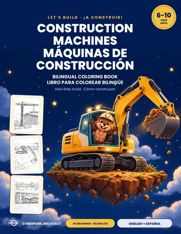 Cover of Construction Machines: a smiling beaver in a hard hat driving a yellow excavator on a floating island under a starry sky.