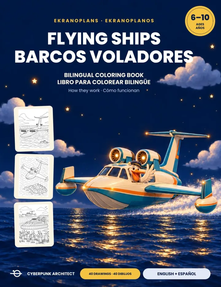 Portada de Barcos Voladores: un pájaro con gorra de piloto conduce un ekranoplano blanco y naranja a ras del mar de noche.