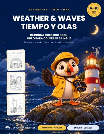 Portada de Tiempo y Olas: un frailecillo con chubasquero amarillo y prismáticos sobre una roca junto a un faro, bajo la luna creciente.