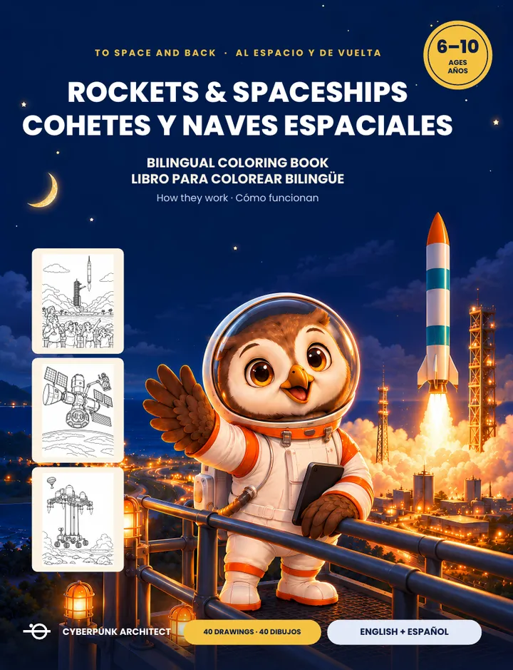 Portada de Cohetes y Naves Espaciales: Rockets & Spaceships, portada de un libro de cohetes bajo un cielo estrellado.
