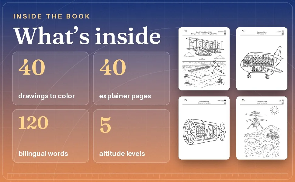 Airplanes facts 40 drawings 40 explainer pages 120 bilingual words five altitude levels