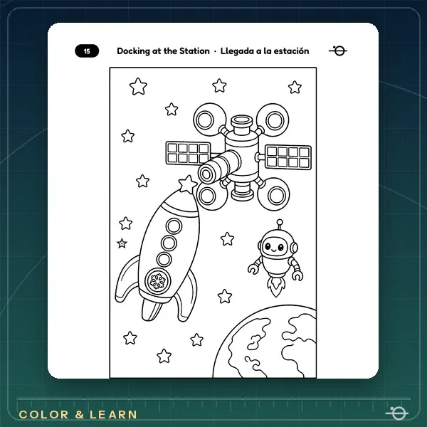 Coloring page from A Space Mission to the Moon and Mars Docking at the Station