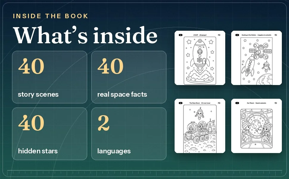 Facts about the Moon and Mars mission 40 scenes 40 space facts 40 hidden stars two languages