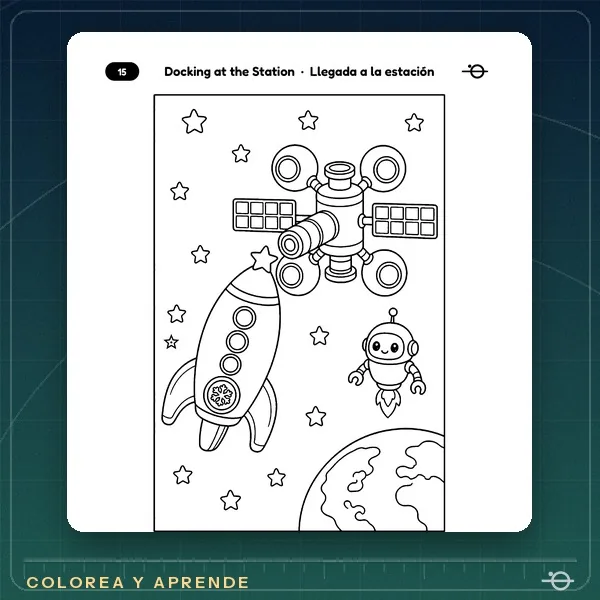Página para colorear de Una misión espacial a la Luna y Marte Llegada a la estación