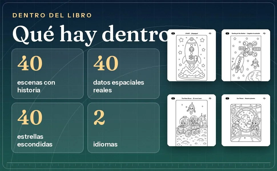 Datos de la misión a la Luna y Marte 40 escenas 40 datos espaciales 40 estrellas dos idiomas