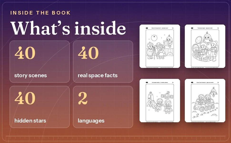 Facts about the Pumpkin Planet mystery 40 scenes 40 space facts 40 hidden stars two languages