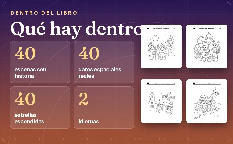Datos del misterio del Planeta Calabaza 40 escenas 40 datos espaciales 40 estrellas dos idiomas