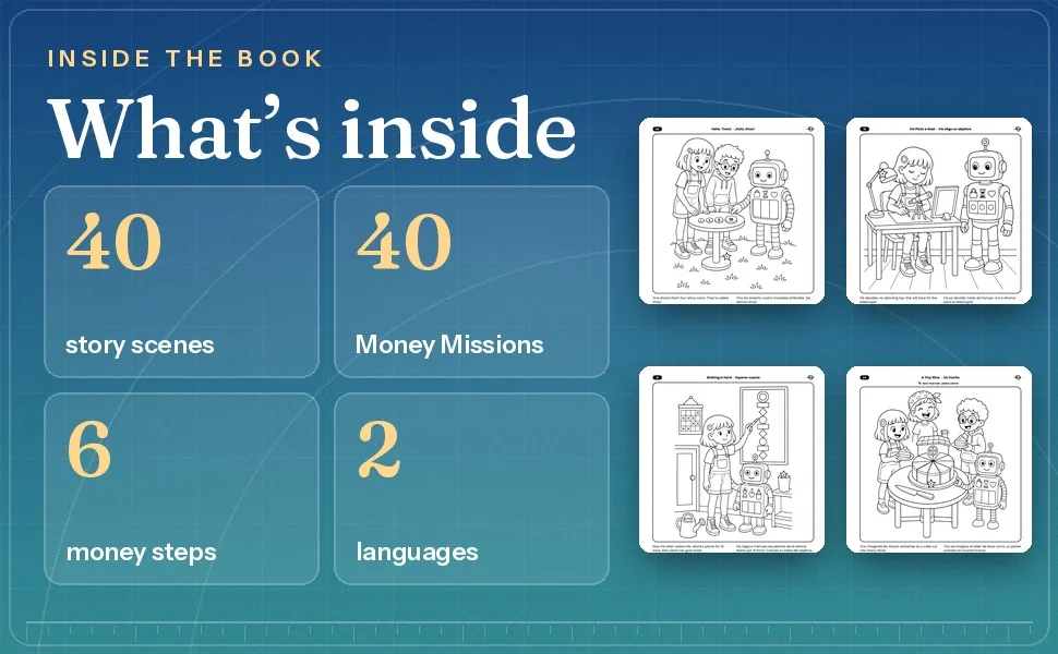 Money Adventure facts 40 story scenes 40 Money Missions six steps two languages sample pages