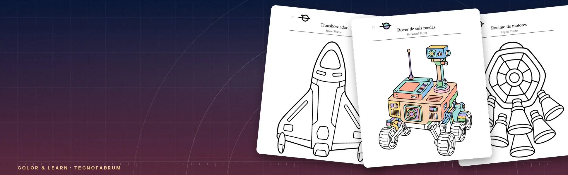 Open pages of ÓRBITA outline drawings of a space shuttle a six-wheeled rover and a rocket