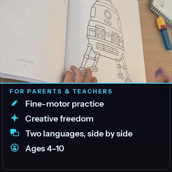 Child hands coloring a rocket with benefits for parents and teachers and ages four to ten