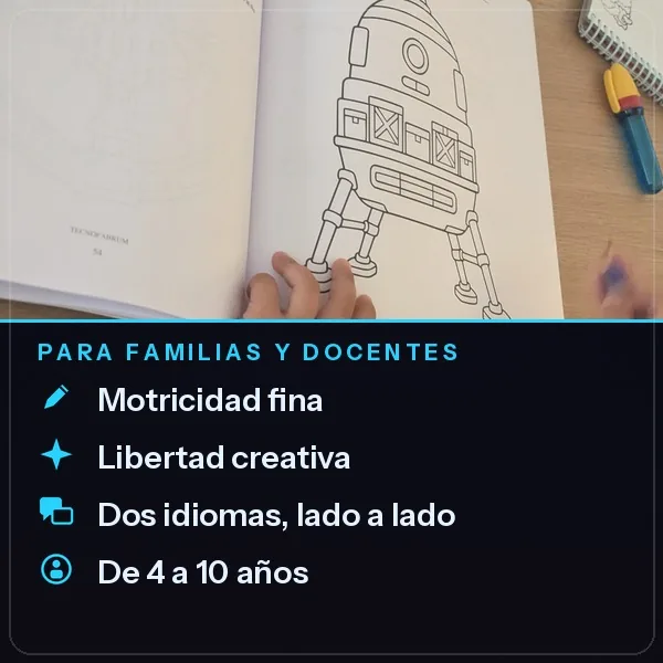 Manos de un niño coloreando un cohete con beneficios para familias y docentes de 4 a 10 años