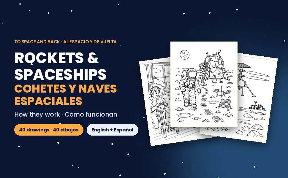 Libro bilingüe para colorear Cohetes y Naves Espaciales con páginas de muestra