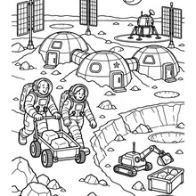 Dibujo para colorear de una futura base lunar con cúpulas y paneles solares