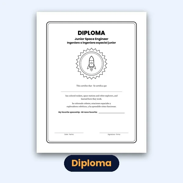 Diploma de ingeniero o ingeniera espacial junior al final del libro