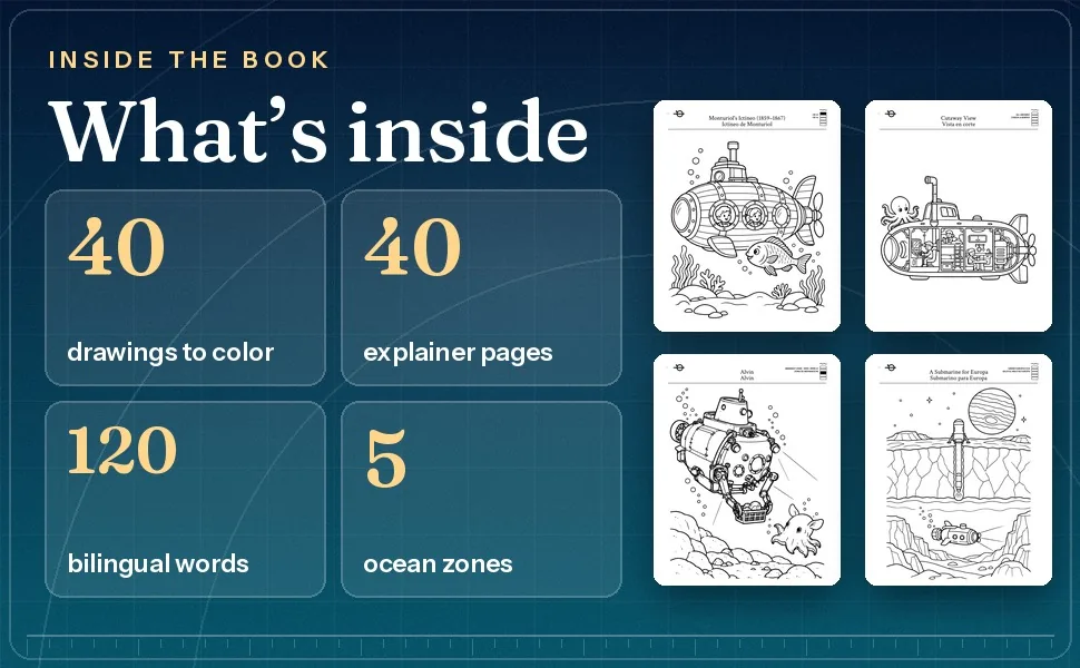 Submarines facts 40 drawings 40 explainer pages 120 bilingual words five ocean zones