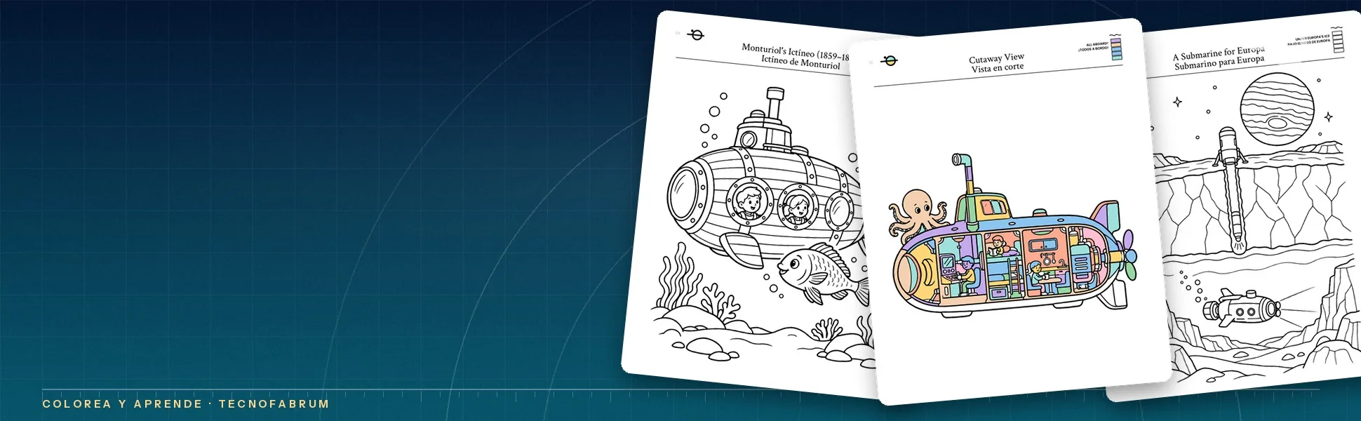 Páginas de Submarinos el Ictíneo de Monturiol un submarino en corte y un submarino para Europa