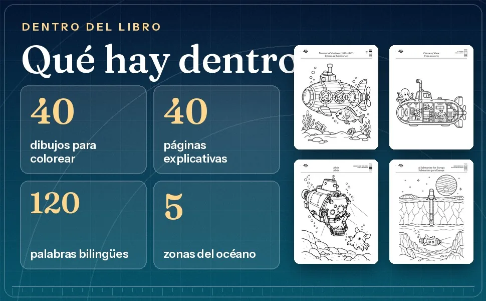 Datos de Submarinos 40 dibujos 40 páginas explicativas 120 palabras bilingües cinco zonas