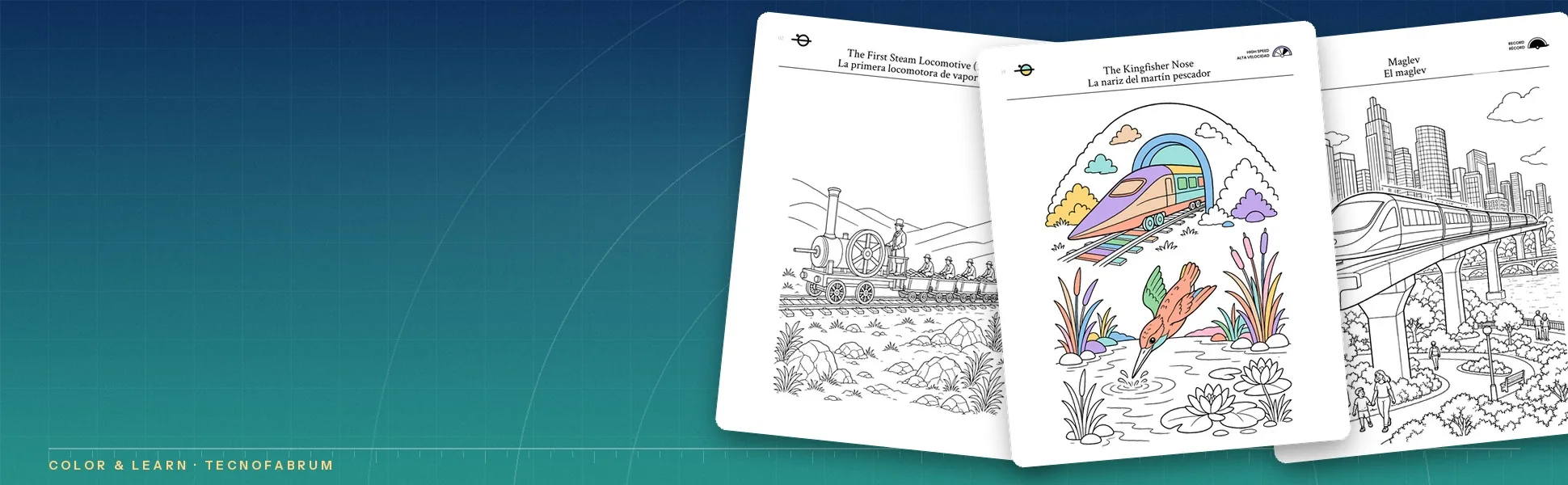 Open pages of Trains the first steam locomotive a kingfisher-nose bullet train and a maglev