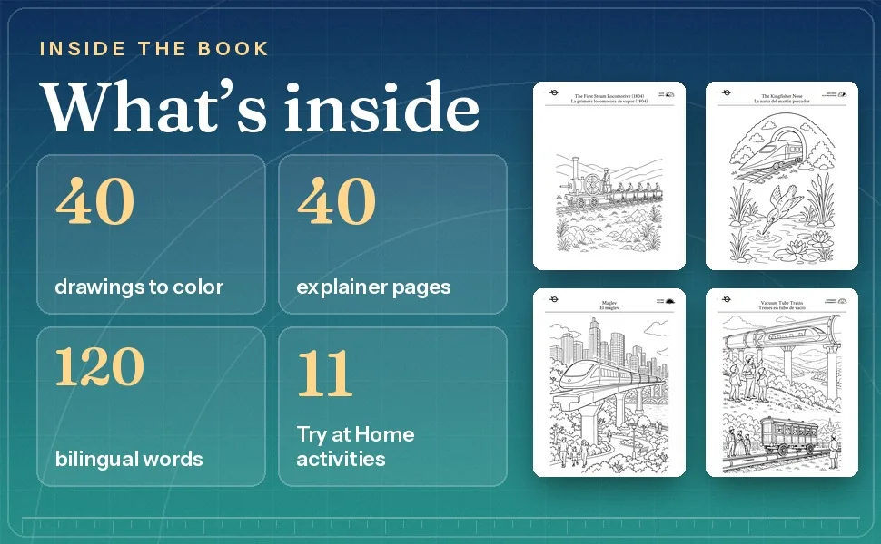 Trains facts 40 drawings 40 explainer pages 120 bilingual words eleven Try at Home activities