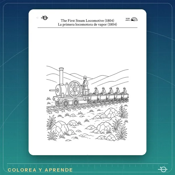 Página para colorear de Trenes La primera locomotora de vapor