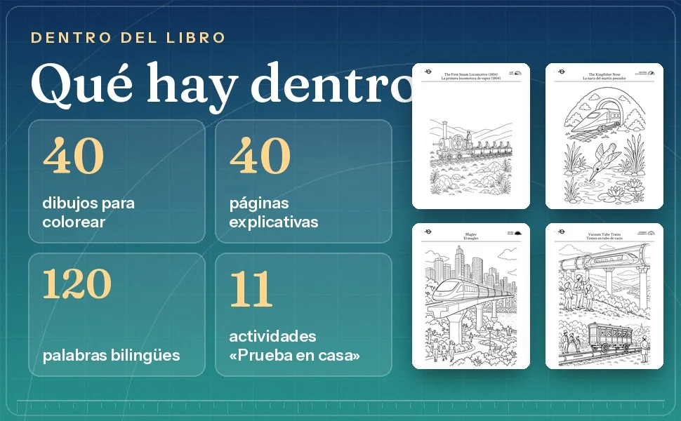 Datos de Trenes 40 dibujos 40 páginas explicativas 120 palabras bilingües once actividades