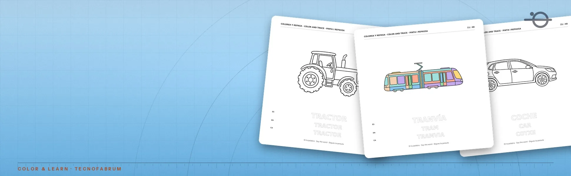 Pages of My First Vehicles a tractor a streetcar and a car with names to trace in three languages