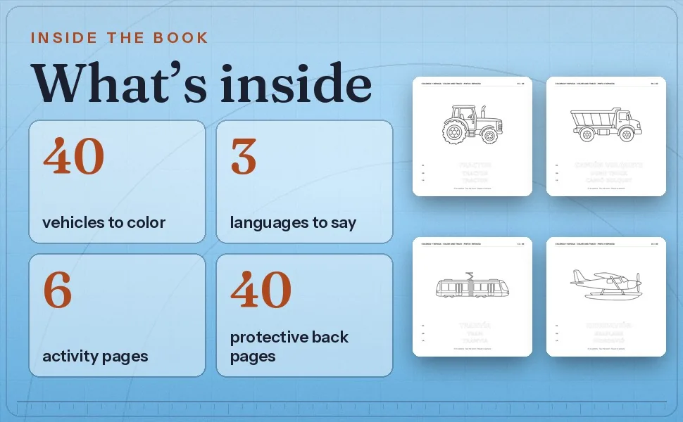 My First Vehicles facts 40 vehicles three languages six activity pages protective backs