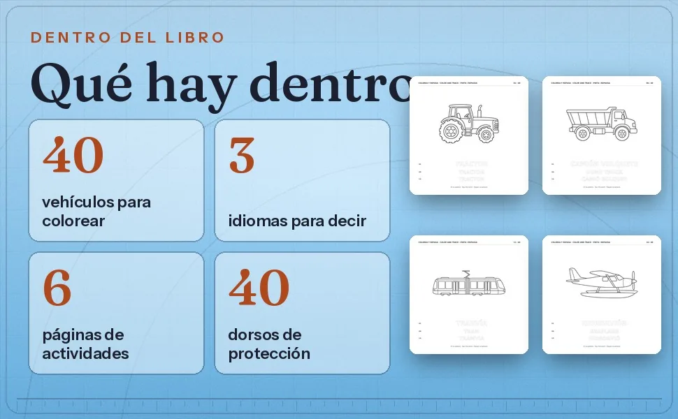 Datos de Mis primeros vehículos 40 vehículos tres idiomas seis actividades y dorsos de protección