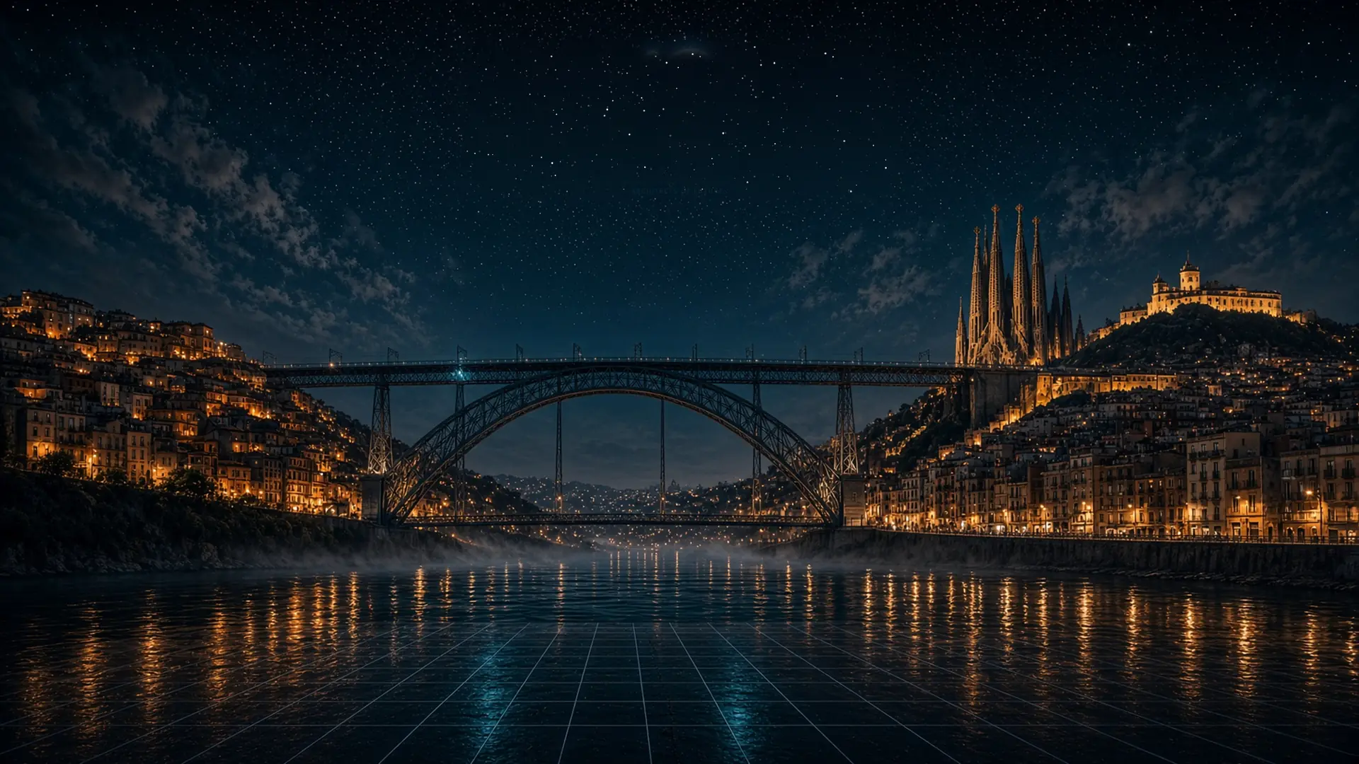 Night view of a hillside city with an iron arch bridge, the Sagrada Família and a castle under a starry sky, with a glowing cyan grid over the water.