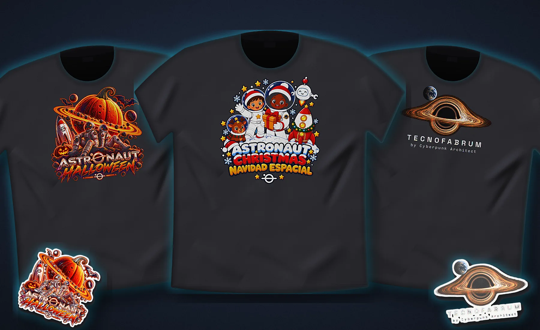 Composición de tres camisetas negras: Astronaut Halloween, Astronaut Christmas y el agujero negro de TECNOFABRUM, con dos pegatinas.