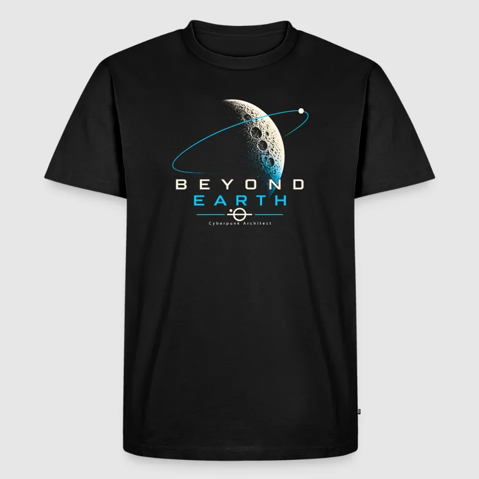 Camiseta negra Beyond Earth de TECNOFABRUM con el diseño impreso en el centro del pecho