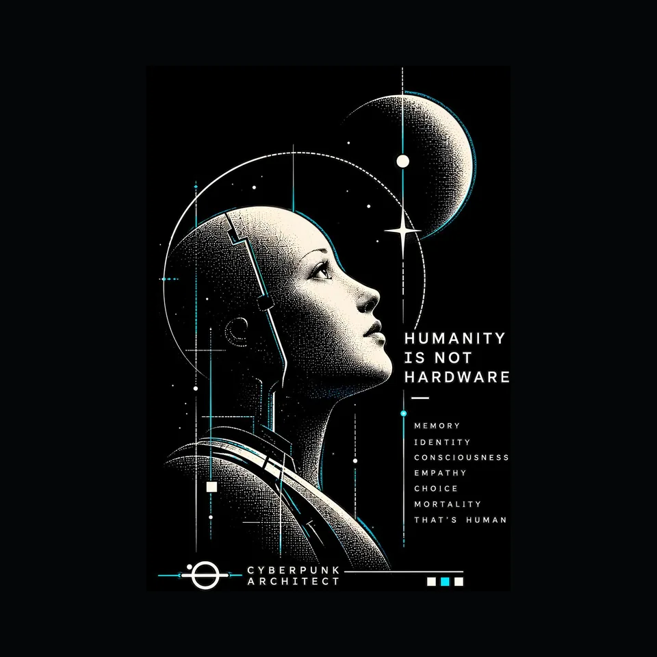 Diseño Humanity Is Not Hardware de TECNOFABRUM: Un perfil humano trazado con líneas técnicas finas junto a "Humanity Is Not Hardware": memoria, identidad, conciencia, empatía, elección, mortalidad
