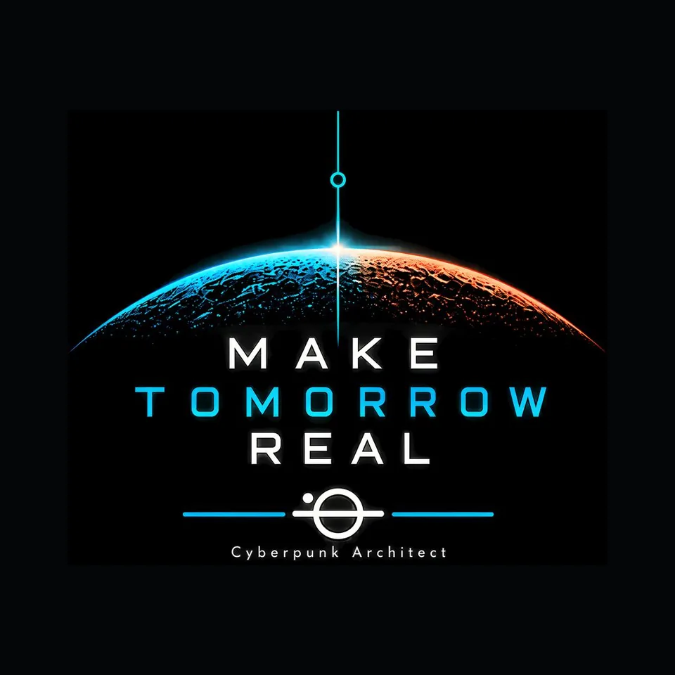 Diseño Make Tomorrow Real de TECNOFABRUM: El horizonte de un planeta iluminado por el amanecer y un haz cian que sube al espacio, con "Make Tomorrow Real" en tipografía futurista