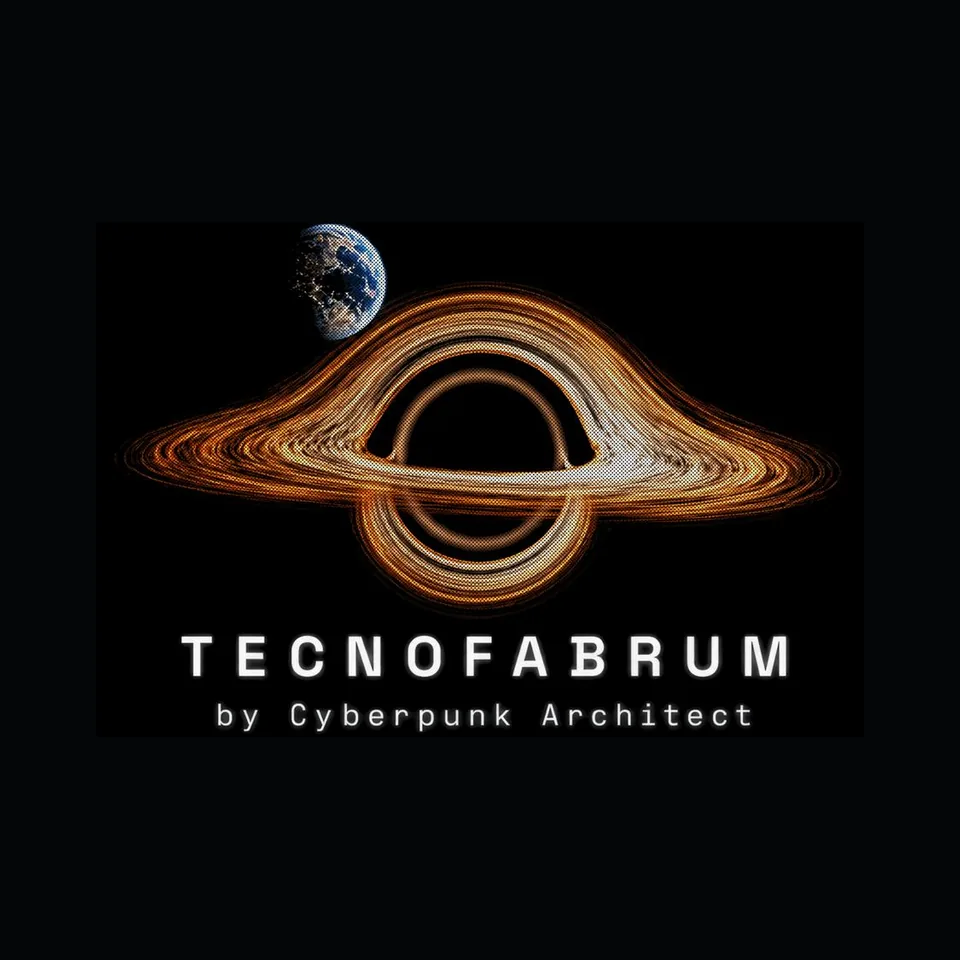 Diseño TECNOFABRUM Iconic de TECNOFABRUM: Un agujero negro luminoso con su anillo de acreción incandescente y la Tierra a lo lejos, firmado TECNOFABRUM by Cyberpunk Architect