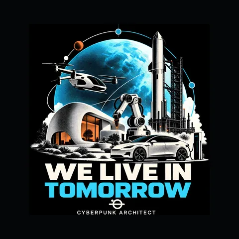 We Live in Tomorrow design by TECNOFABRUM on a black background
