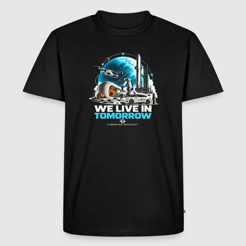 Black We Live in Tomorrow T-shirt with the design printed mid-chest